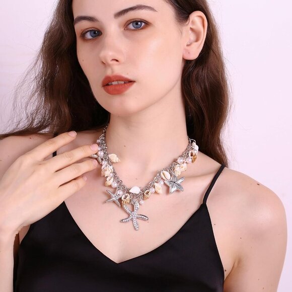 Seashell Jewelry Set Beach Necklace Bracelet Conch Starfish Faux Pearl Women - Picture 3 of 5